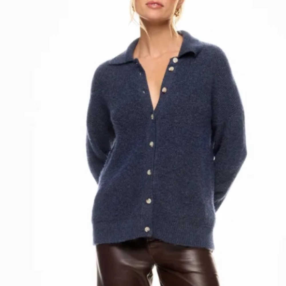 Central Park West Navy Blue Button-Front Cozy Cardigan
